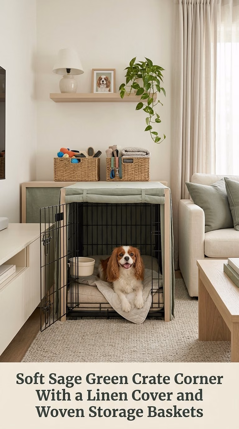 Soft Sage Green Crate Corner With a Linen Cover and Woven Storage Baskets