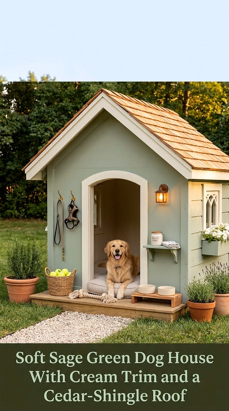 1. Soft Sage Green Dog House With Cream Trim and a Cedar-Shingle Roof