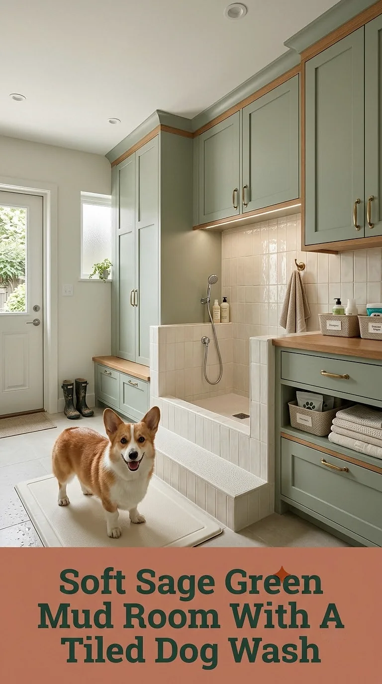 Soft Sage Green Mud Room With A Tiled Dog Wash