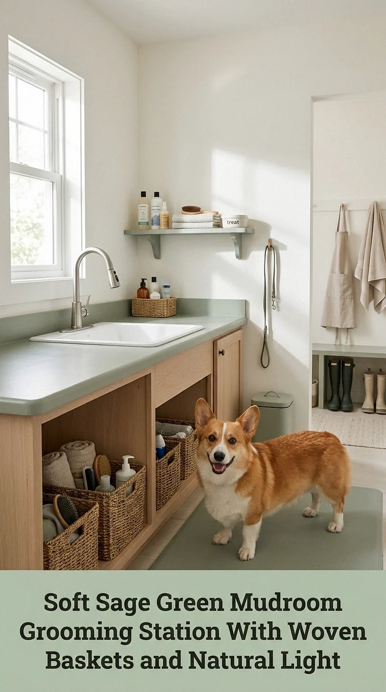 Soft Sage Green Mudroom Grooming Station With Woven Baskets and Natural Light