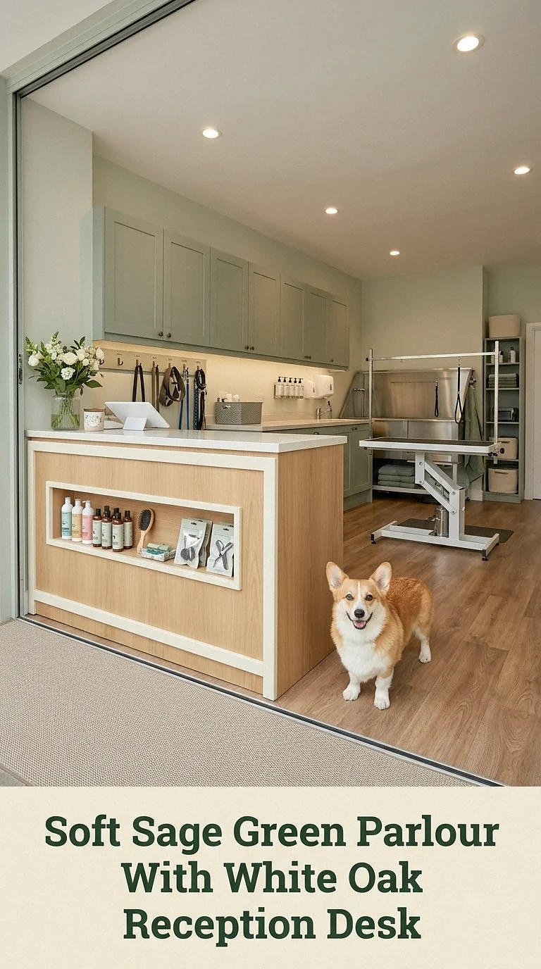 Soft Sage Green Parlour With White Oak Reception Desk