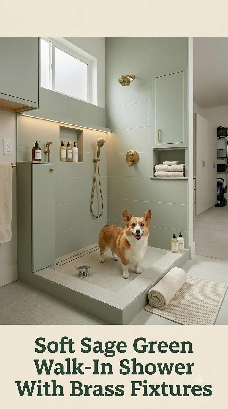 Soft Sage Green Walk-In Shower With Brass Fixtures