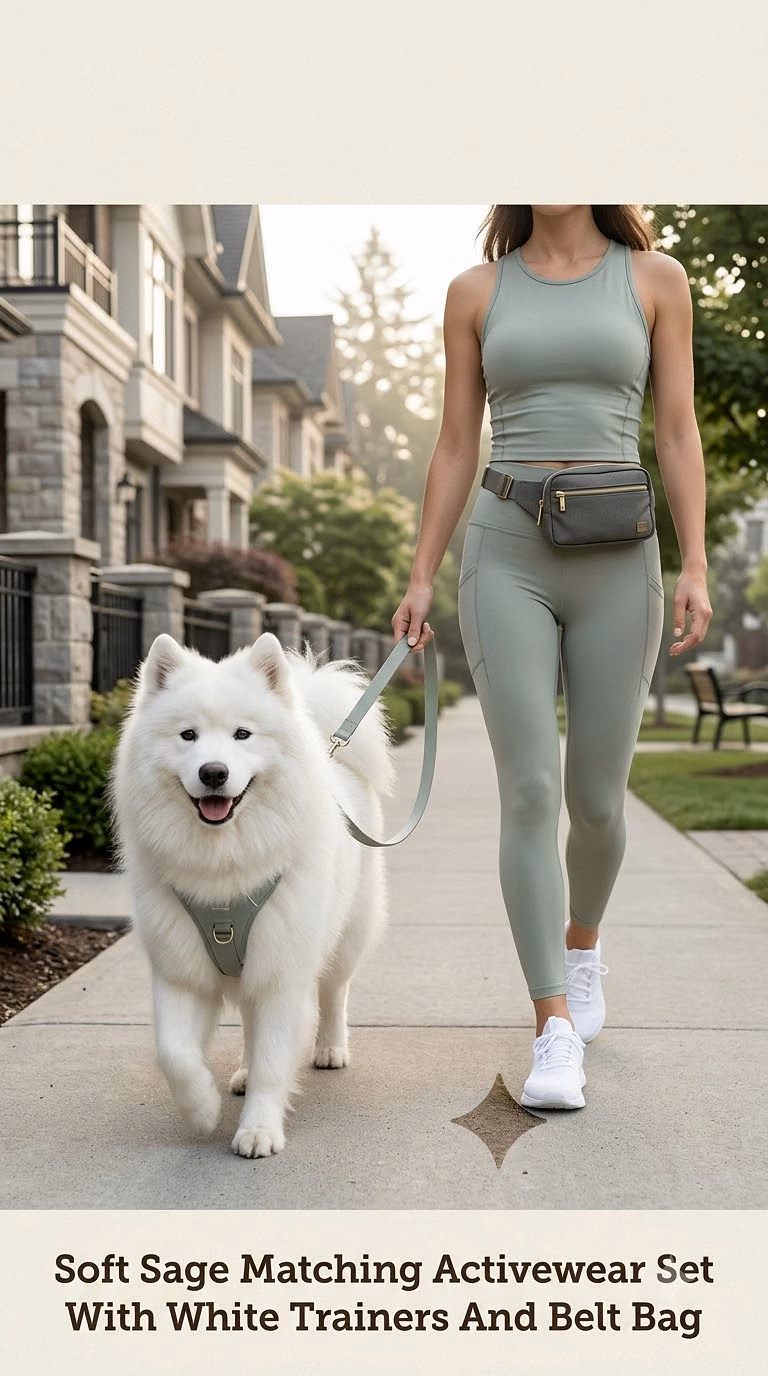 Soft Sage Matching Activewear Set With White Trainers And Belt Bag