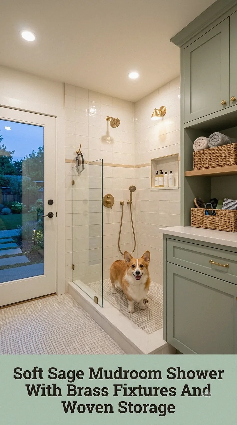 Soft Sage Mudroom Shower With Brass Fixtures And Woven Storage