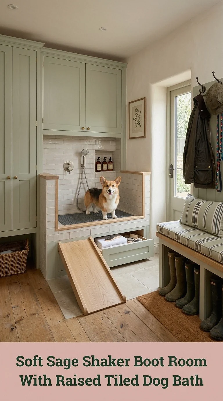 Soft Sage Shaker Boot Room With Raised Tiled Dog Bath