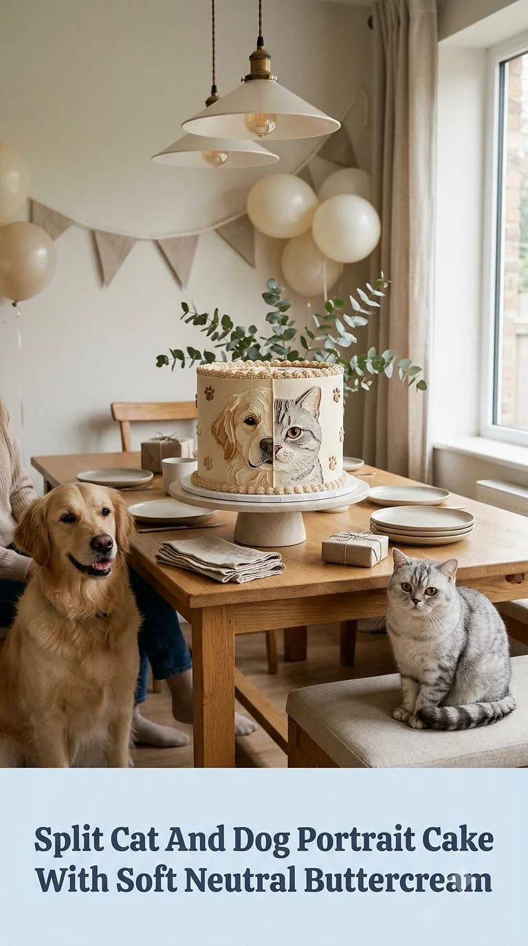 Split Cat And Dog Portrait Cake With Soft Neutral Buttercream