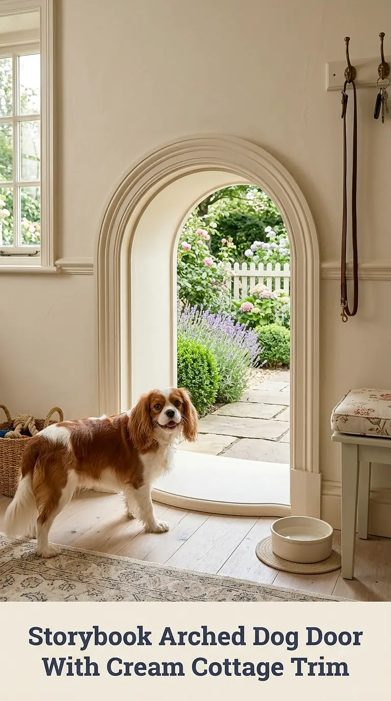 Storybook Arched Dog Door With Cream Cottage Trim