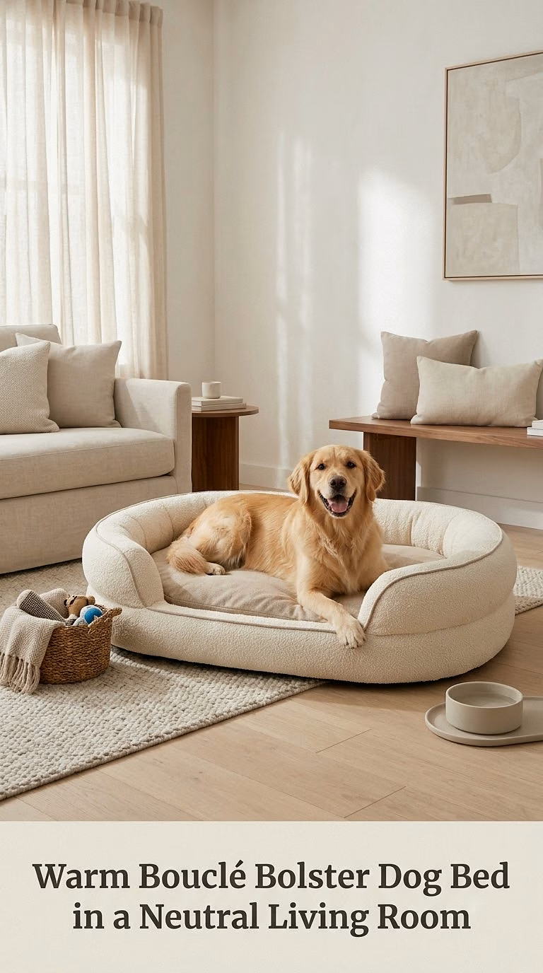Warm Bouclé Bolster Dog Bed in a Neutral Living Room