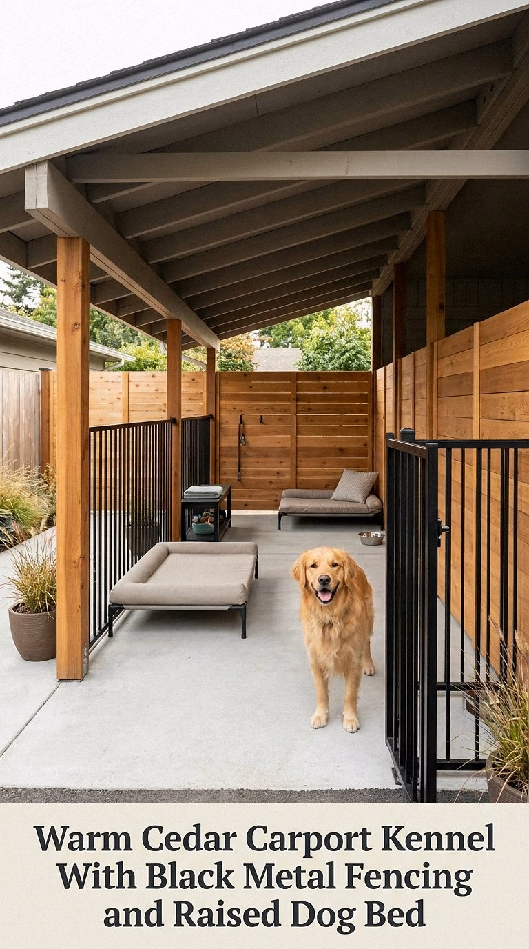 Warm Cedar Carport Kennel With Black Metal Fencing and Raised Dog Bed
