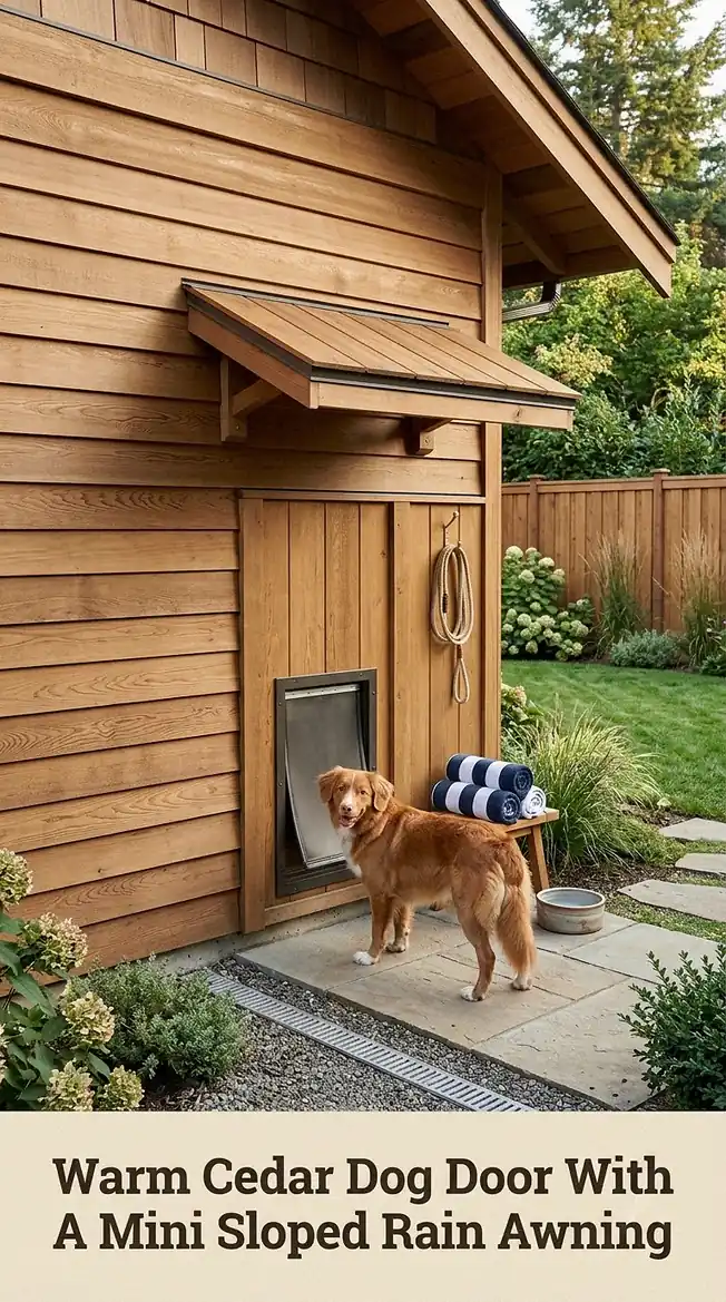 Warm Cedar Dog Door With A Mini Sloped Rain Awning