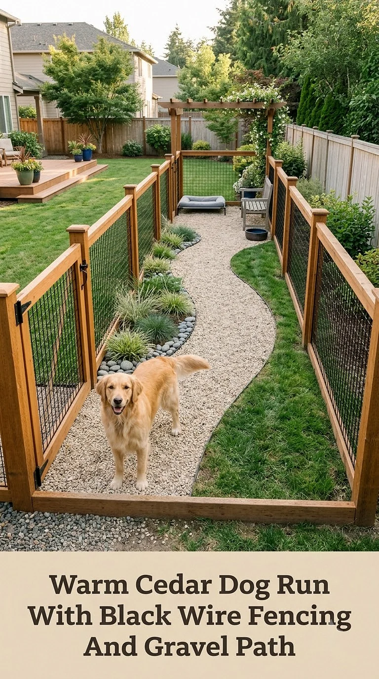 Warm Cedar Dog Run With Black Wire Fencing And Gravel Path