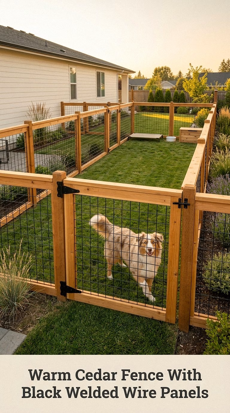 Warm Cedar Fence With Black Welded Wire Panels