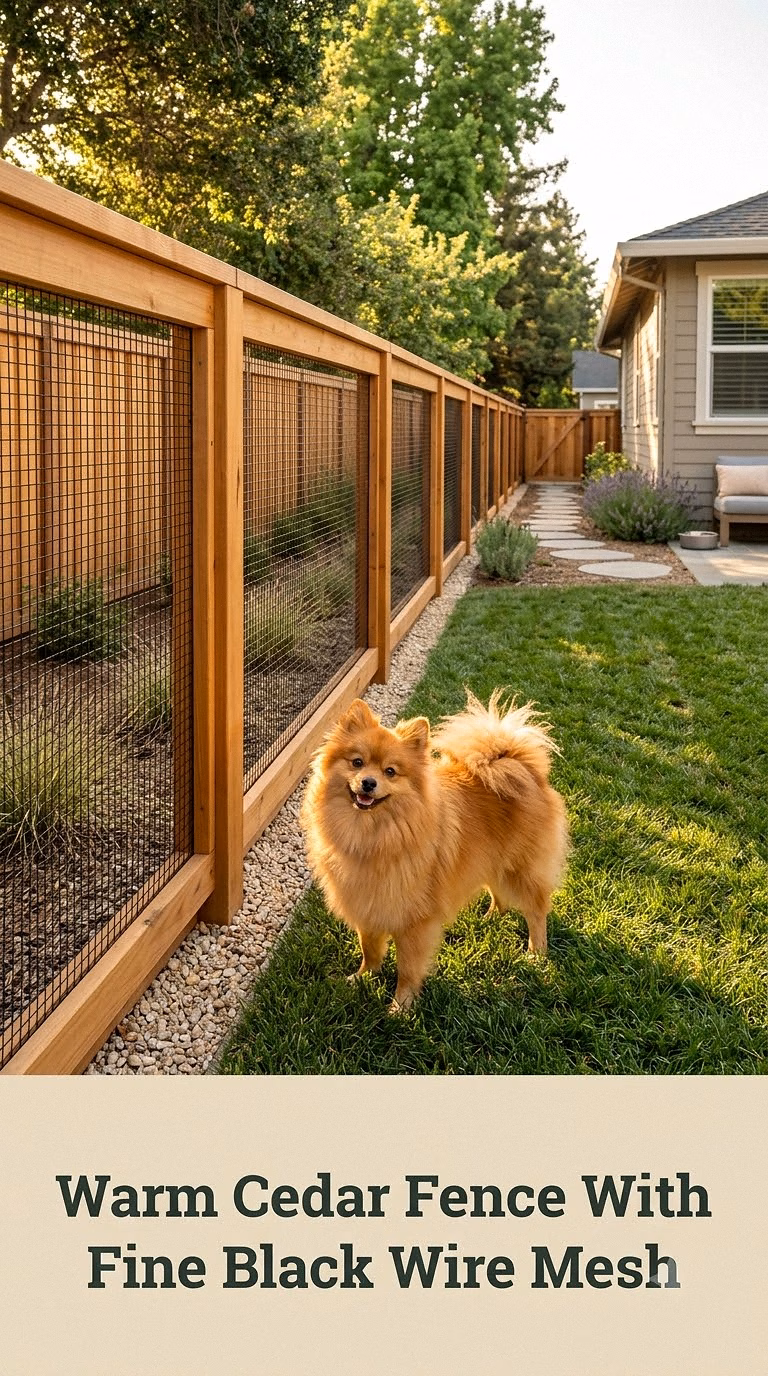 Warm Cedar Fence With Fine Black Wire Mesh