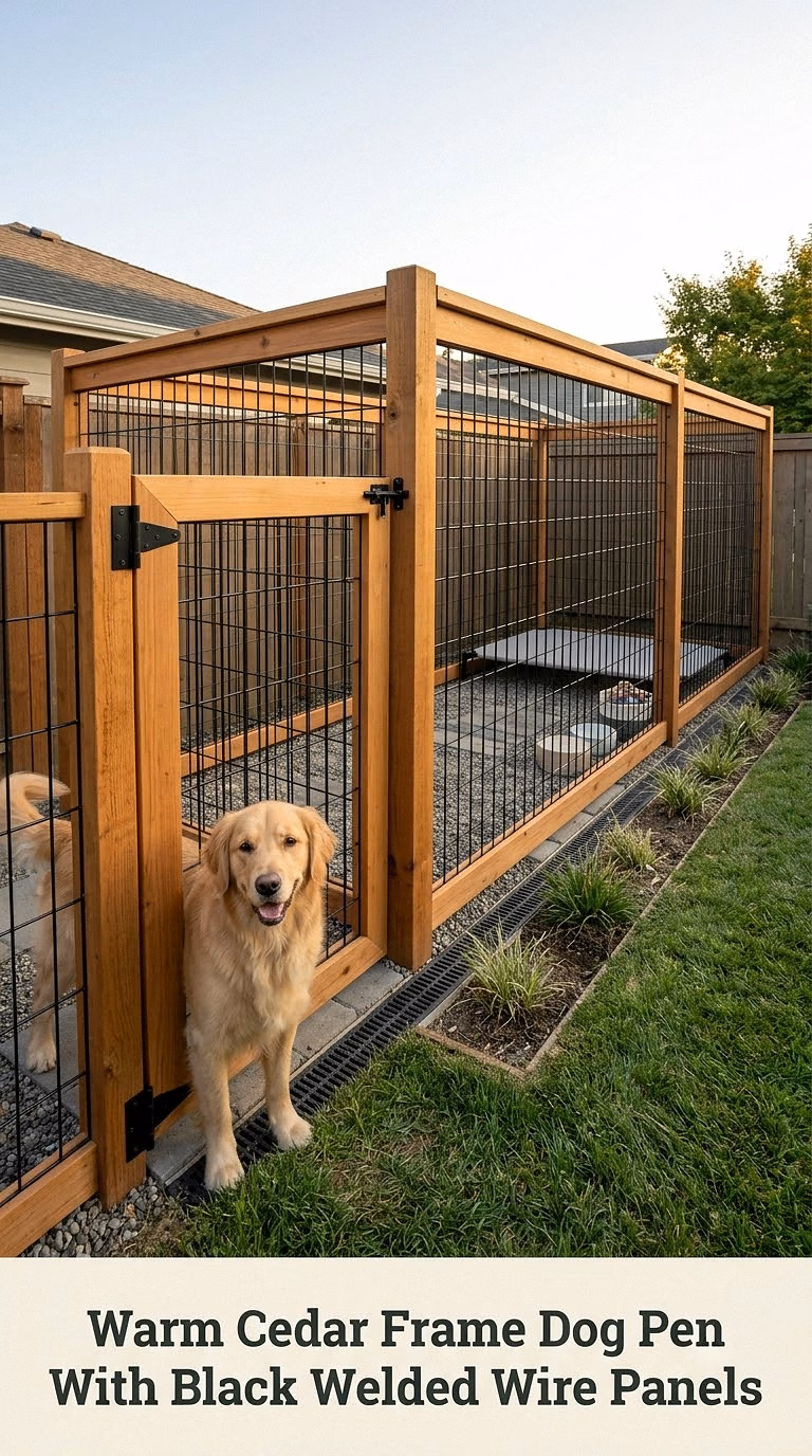 Warm Cedar Frame Dog Pen With Black Welded Wire Panels