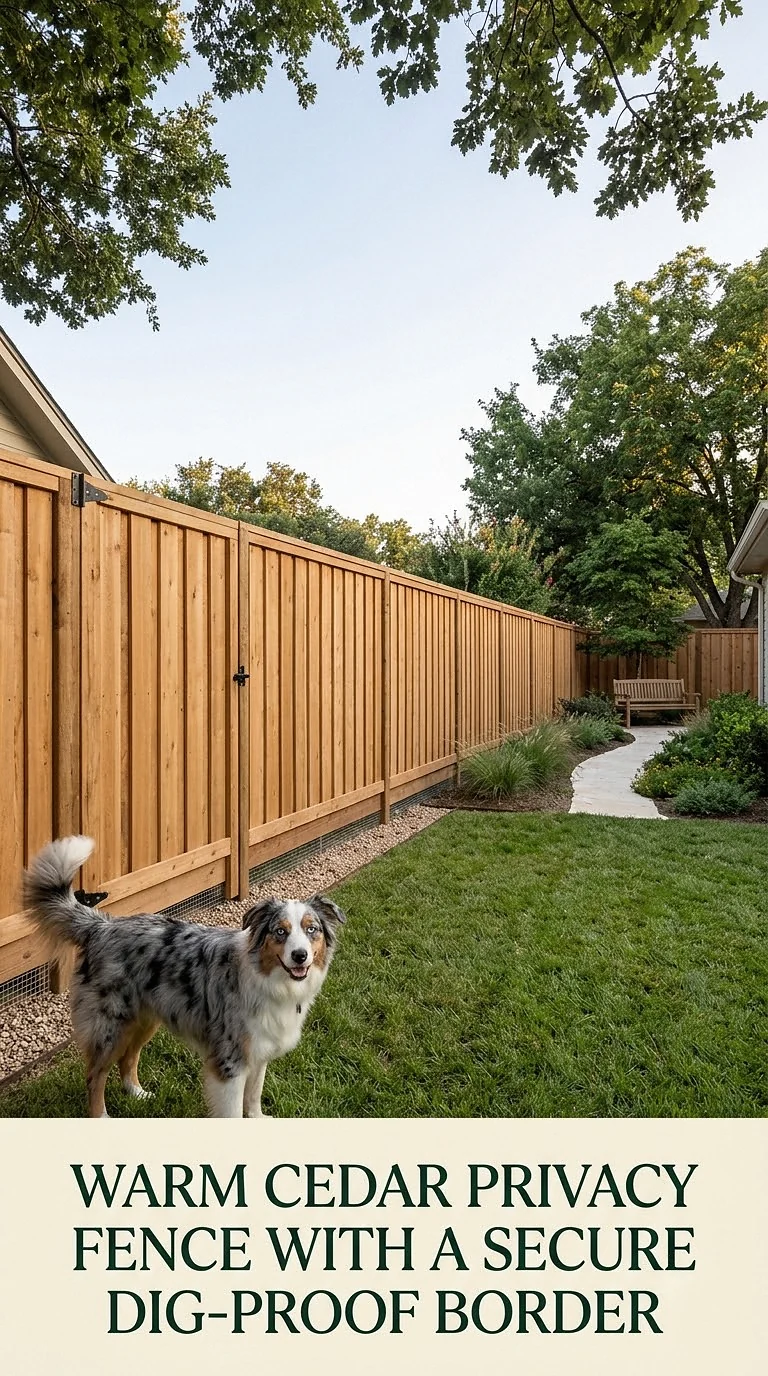 Warm Cedar Privacy Fence With A Secure Dig-Proof Border