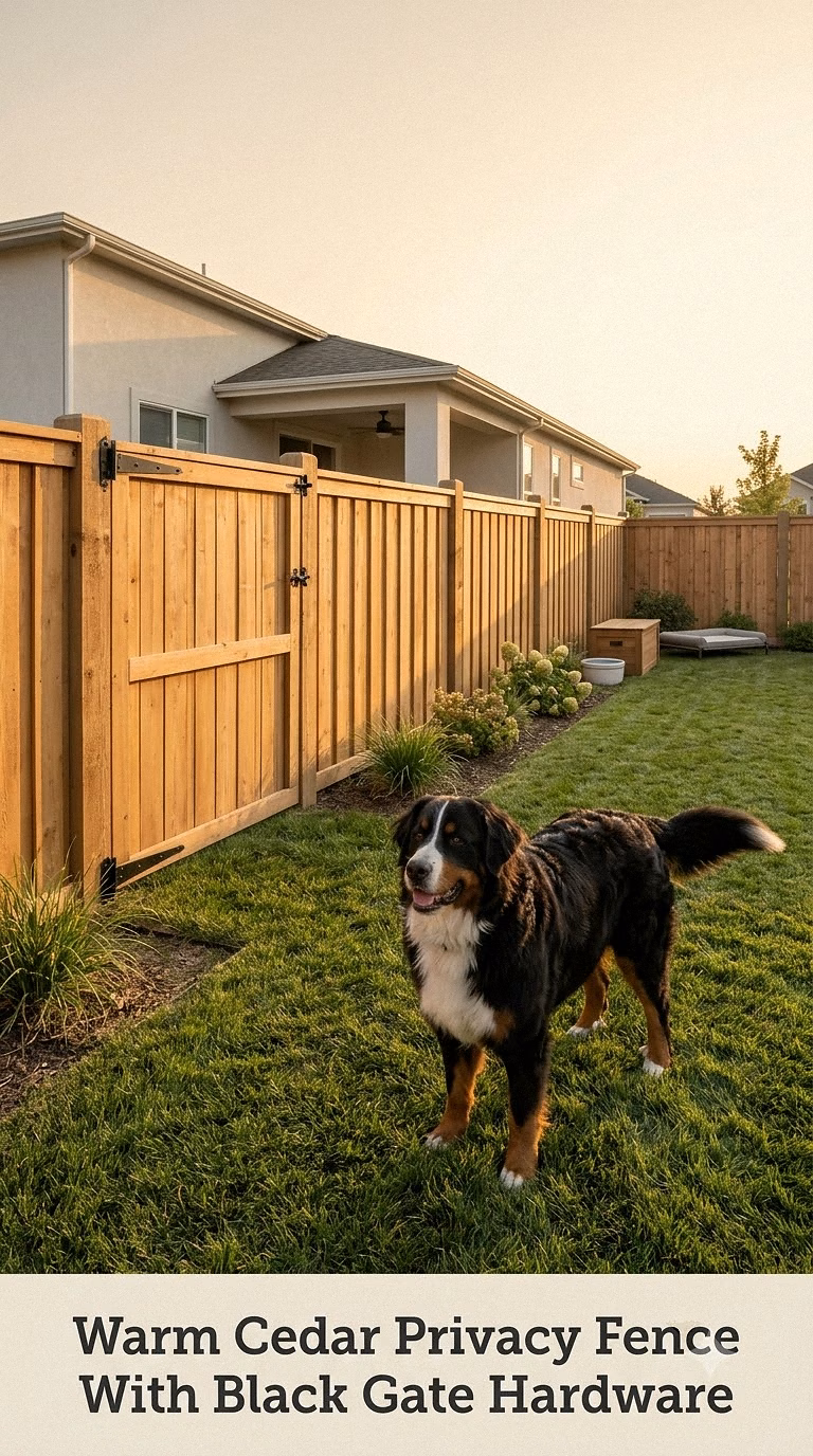 Warm Cedar Privacy Fence With Black Gate Hardware