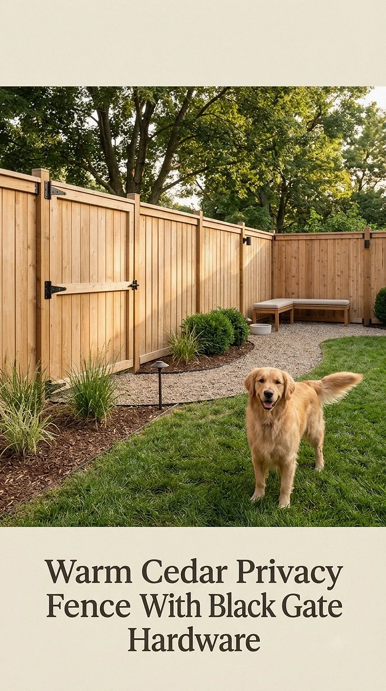 Warm Cedar Privacy Fence With Black Gate Hardware