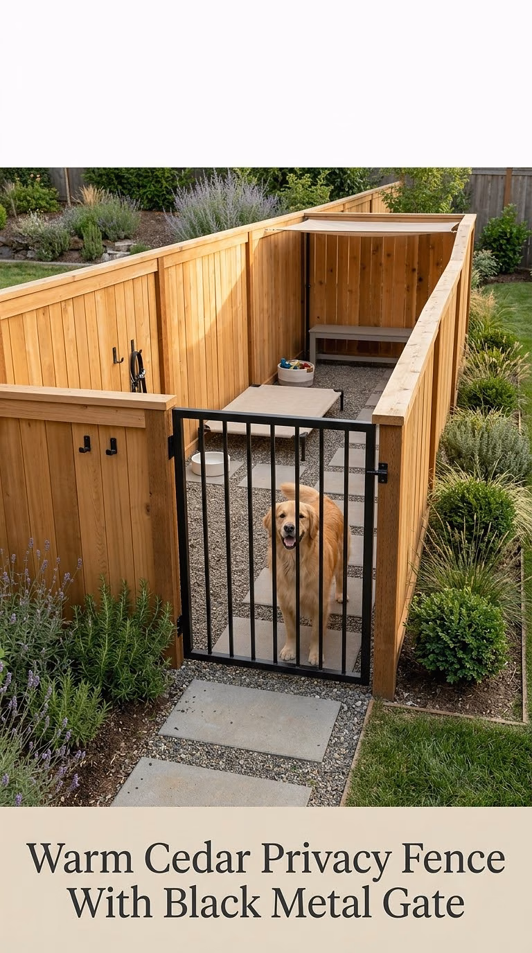 Warm Cedar Privacy Fence With Black Metal Gate
