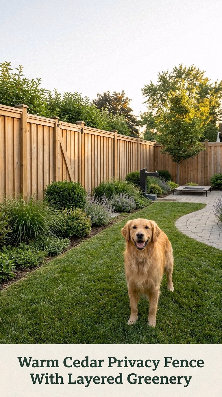 Warm Cedar Privacy Fence With Layered Greenery