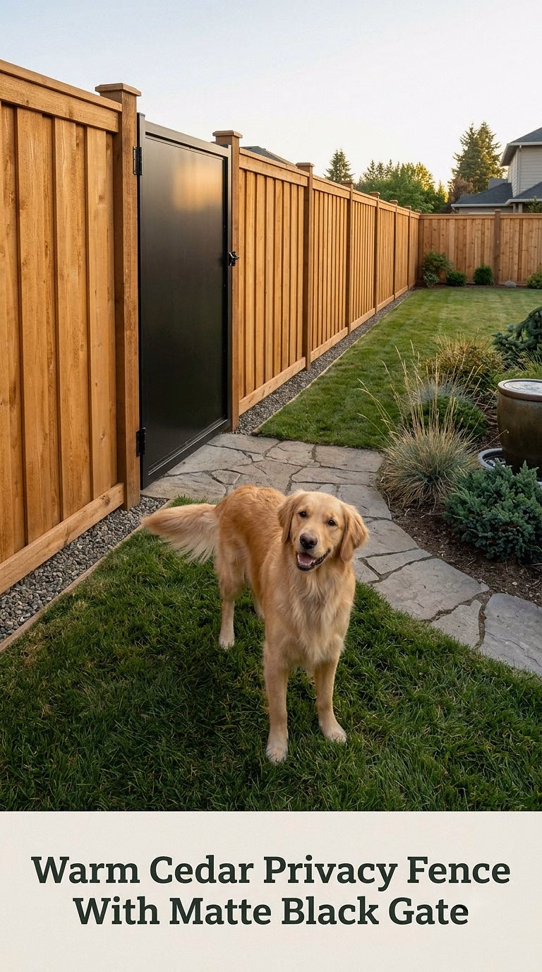 Warm Cedar Privacy Fence With Matte Black Gate