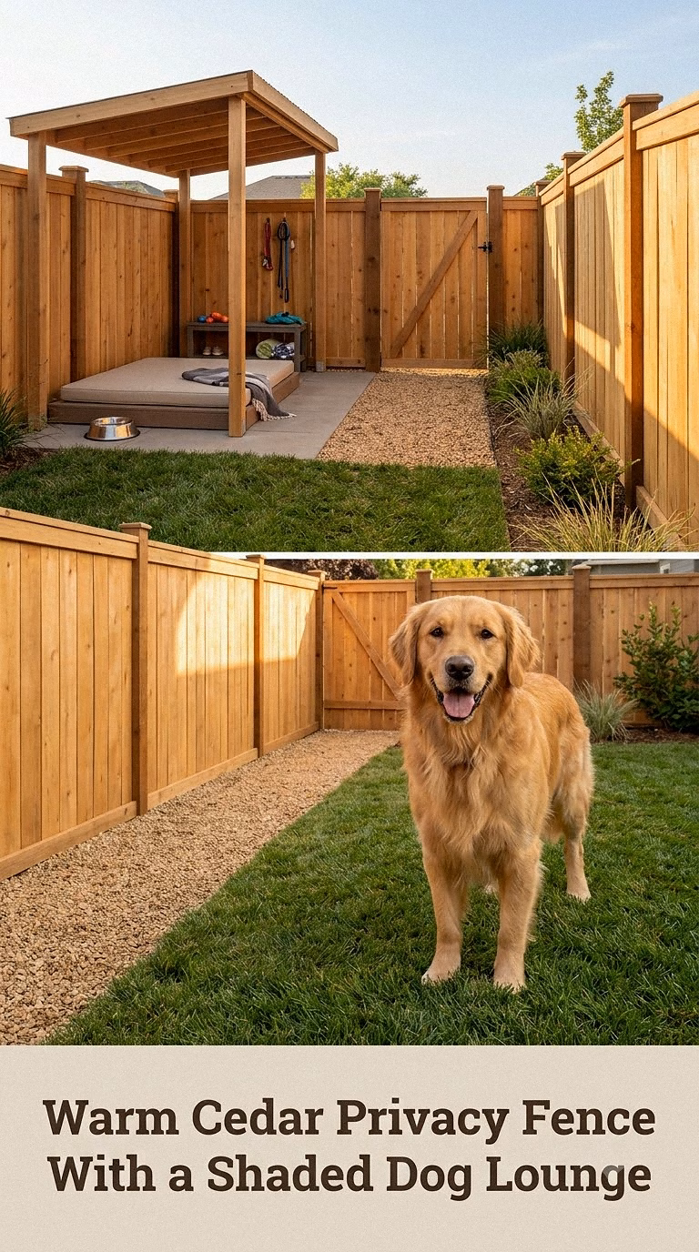 Warm Cedar Privacy Fence With a Shaded Dog Lounge
