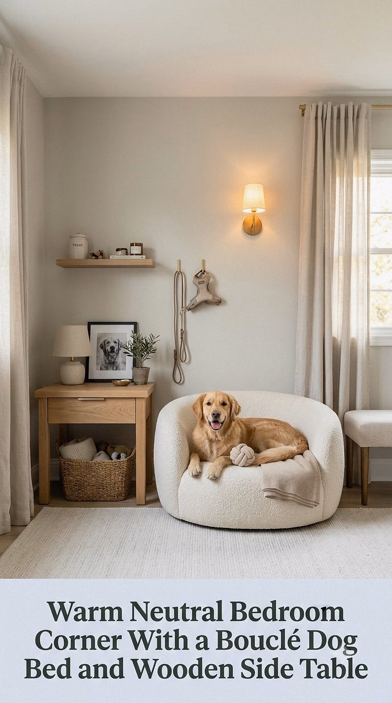 1. Warm Neutral Bedroom Corner With a Bouclé Dog Bed and Wooden Side Table