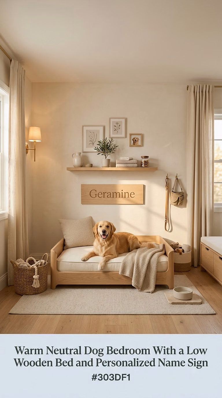 1. Warm Neutral Dog Bedroom With a Low Wooden Bed and Personalized Name Sign