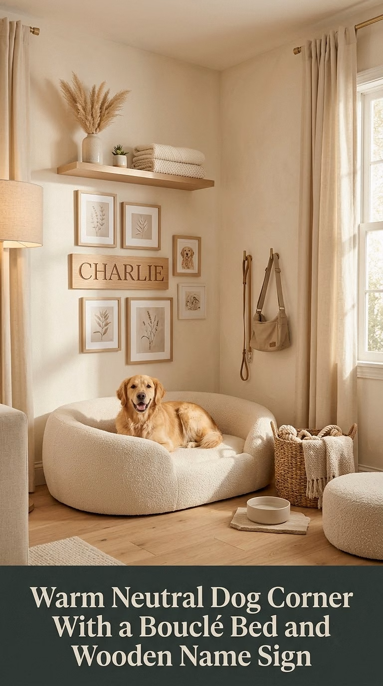 1. Warm Neutral Dog Corner With a Bouclé Bed and Wooden Name Sign