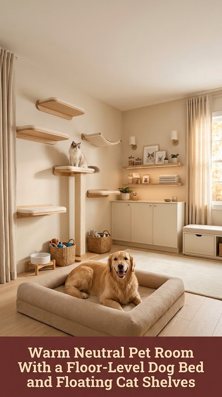 1. Warm Neutral Pet Room With a Floor-Level Dog Bed and Floating Cat Shelves