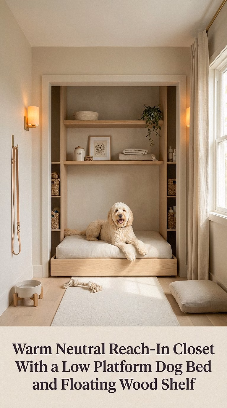 1. Warm Neutral Reach-In Closet With a Low Platform Dog Bed and Floating Wood Shelf