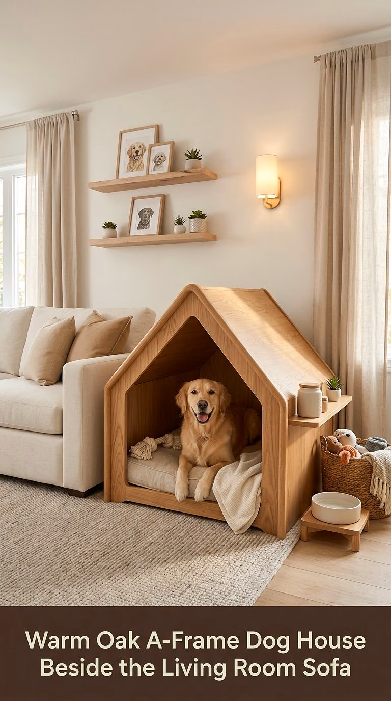 1. Warm Oak A-Frame Dog House Beside the Living Room Sofa
