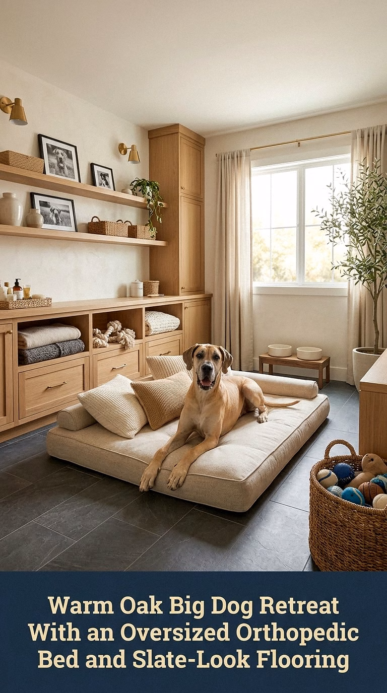 1. Warm Oak Big Dog Retreat With an Oversized Orthopedic Bed and Slate-Look Flooring