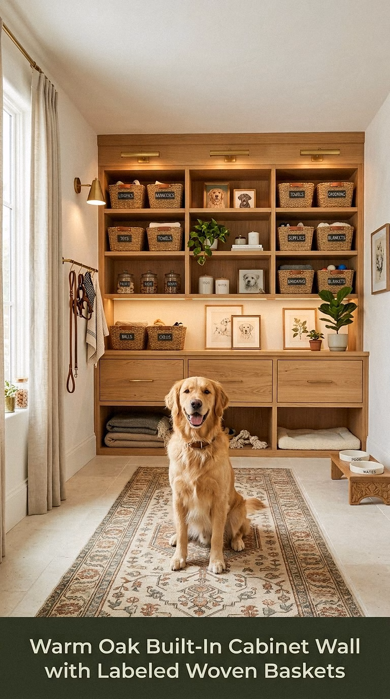 Warm Oak Built-In Cabinet Wall with Labeled Woven Baskets