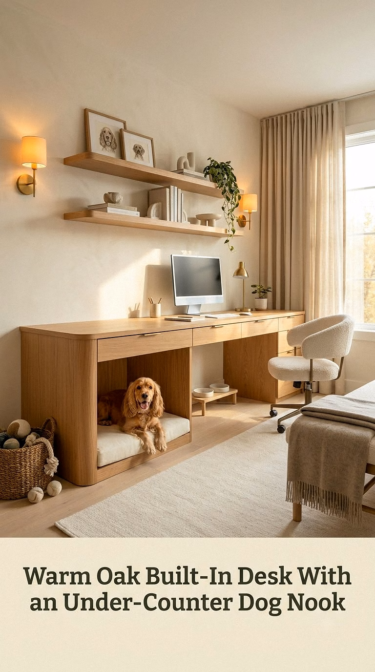 Warm Oak Built-In Desk With an Under-Counter Dog Nook