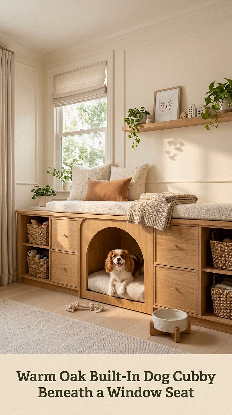 1. Warm Oak Built-In Dog Cubby Beneath a Window Seat