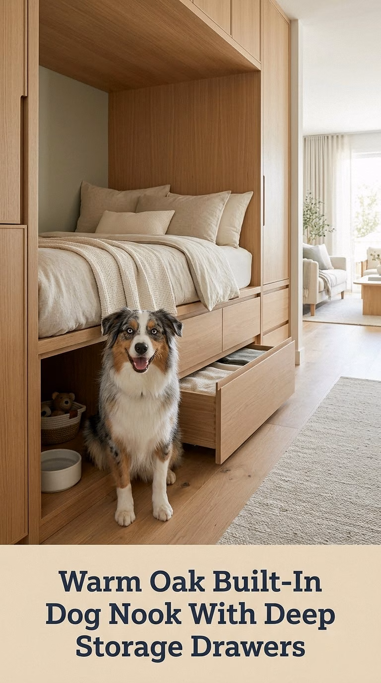 Warm Oak Built-In Dog Nook With Deep Storage Drawers
