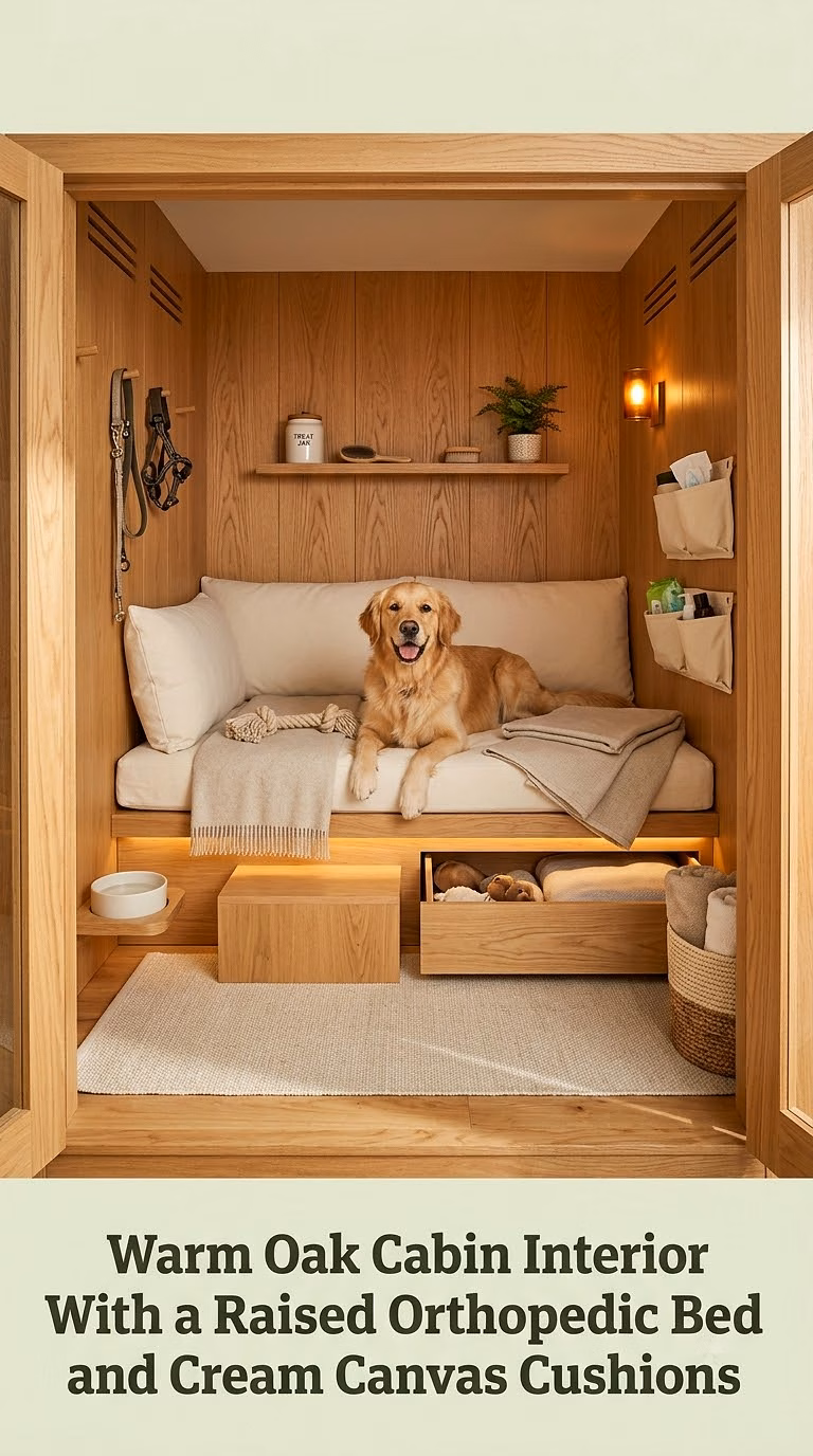 1. Warm Oak Cabin Interior With a Raised Orthopedic Bed and Cream Canvas Cushions