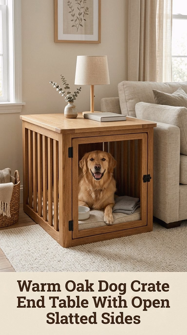 Warm Oak Dog Crate End Table With Open Slatted Sides