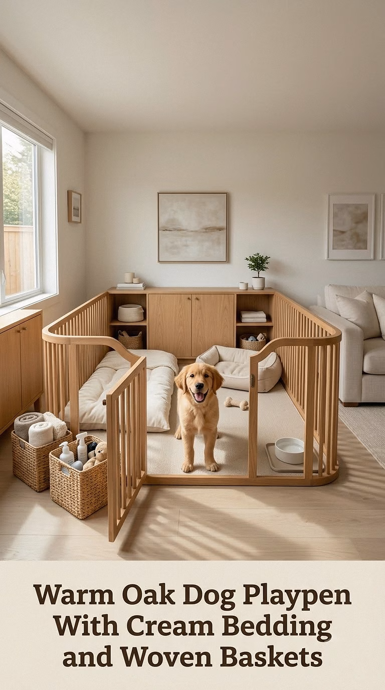 Warm Oak Dog Playpen With Cream Bedding and Woven Baskets