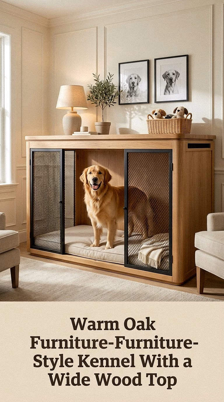 Warm Oak Furniture-Style Kennel With a Wide Wood Top