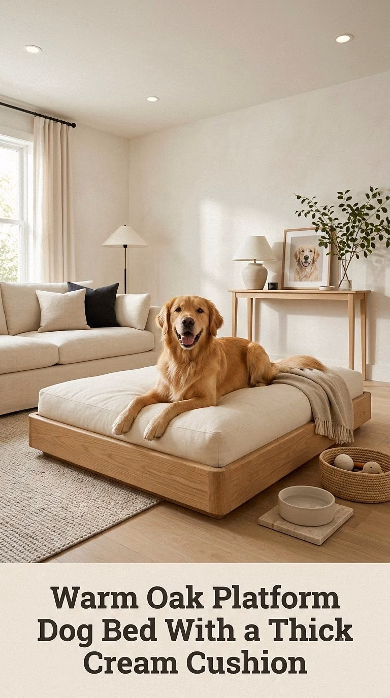 Warm Oak Platform Dog Bed With a Thick Cream Cushion