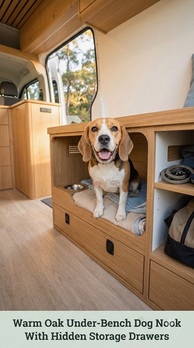 Warm Oak Under-Bench Dog Nook With Hidden Storage Drawers