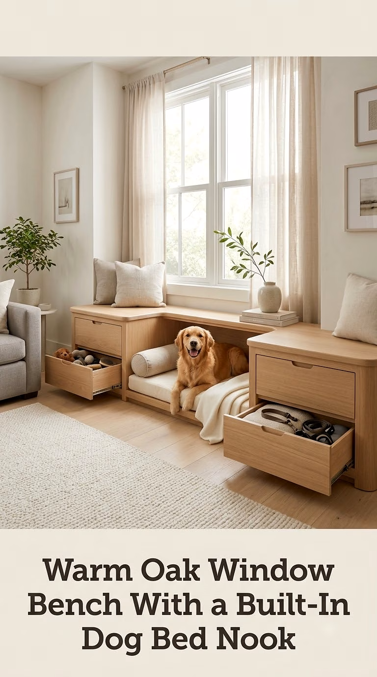 Warm Oak Window Bench With a Built-In Dog Bed Nook