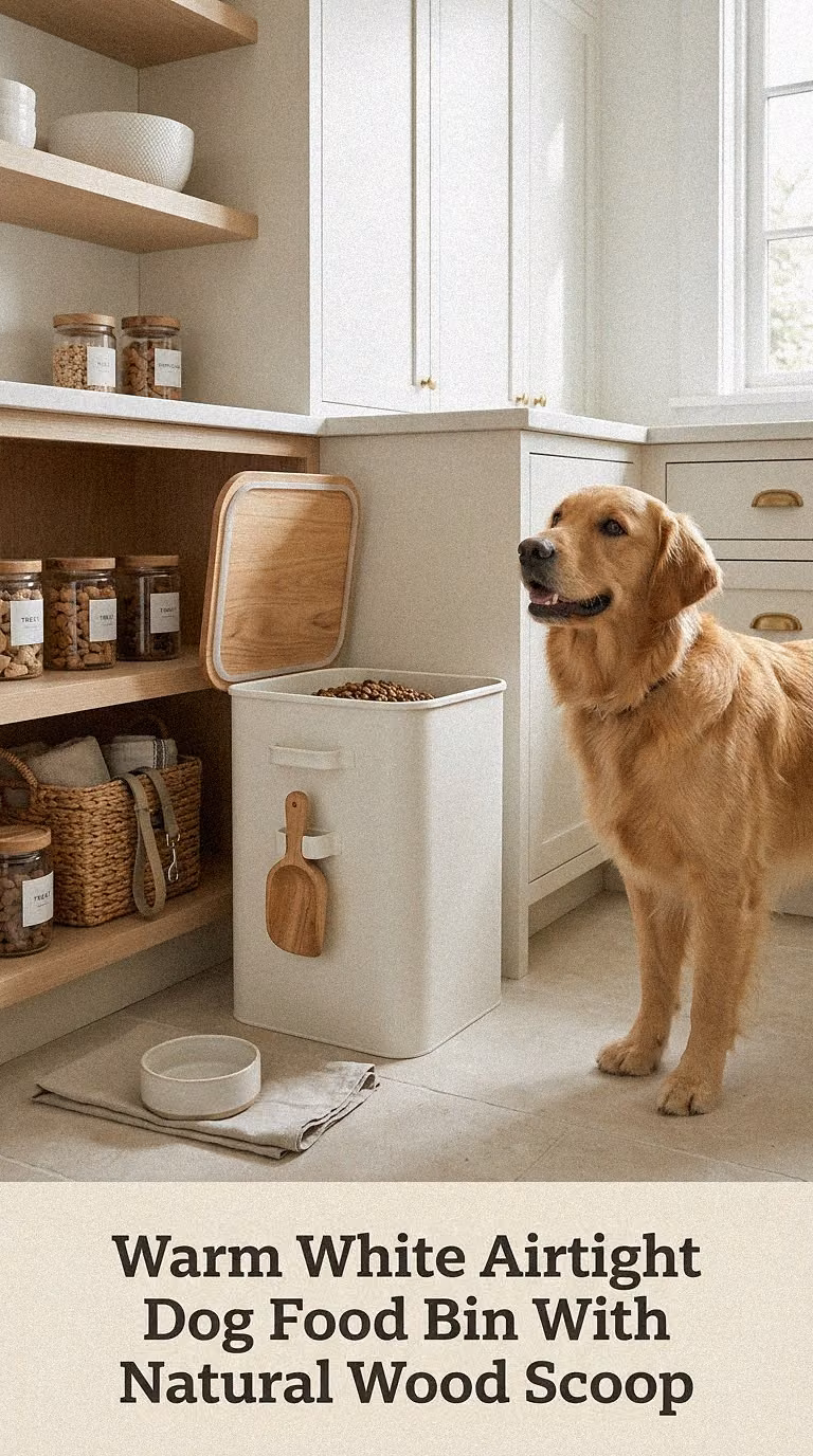 Warm White Airtight Dog Food Bin With Natural Wood Scoop