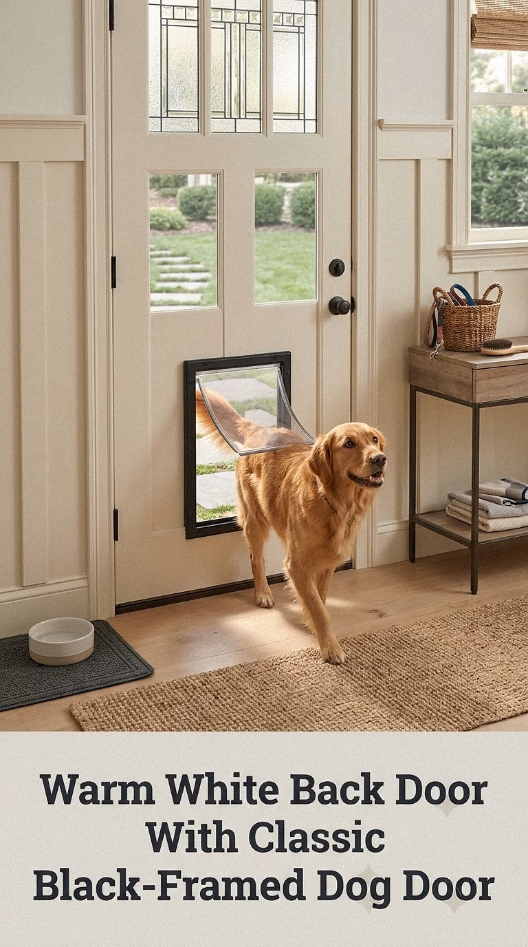 Warm White Back Door With Classic Black-Framed Dog Door