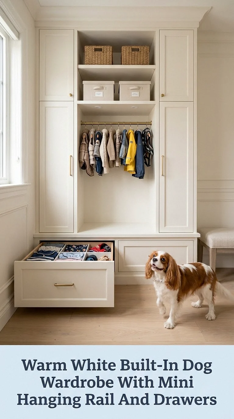 Warm White Built-In Dog Wardrobe With Mini Hanging Rail And Drawers