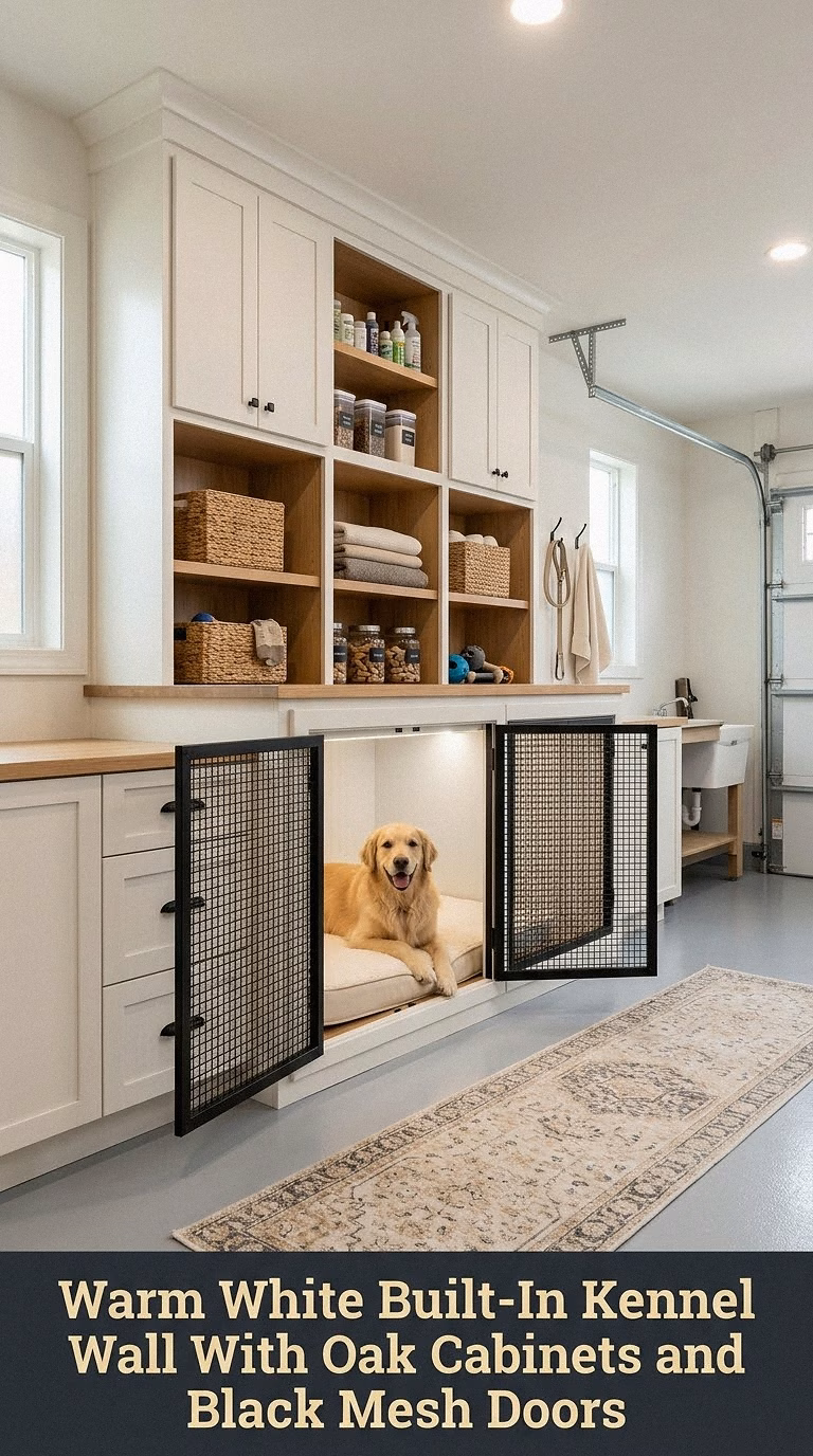 Warm White Built-In Kennel Wall With Oak Cabinets and Black Mesh Doors