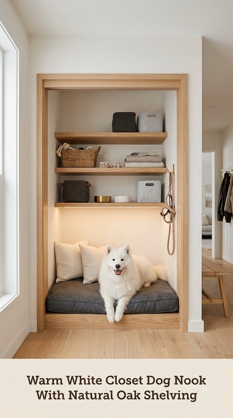 Warm White Closet Dog Nook With Natural Oak Shelving
