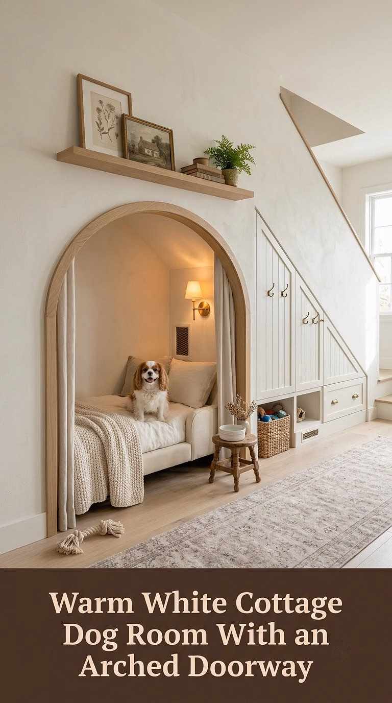 1. Warm White Cottage Dog Room With an Arched Doorway