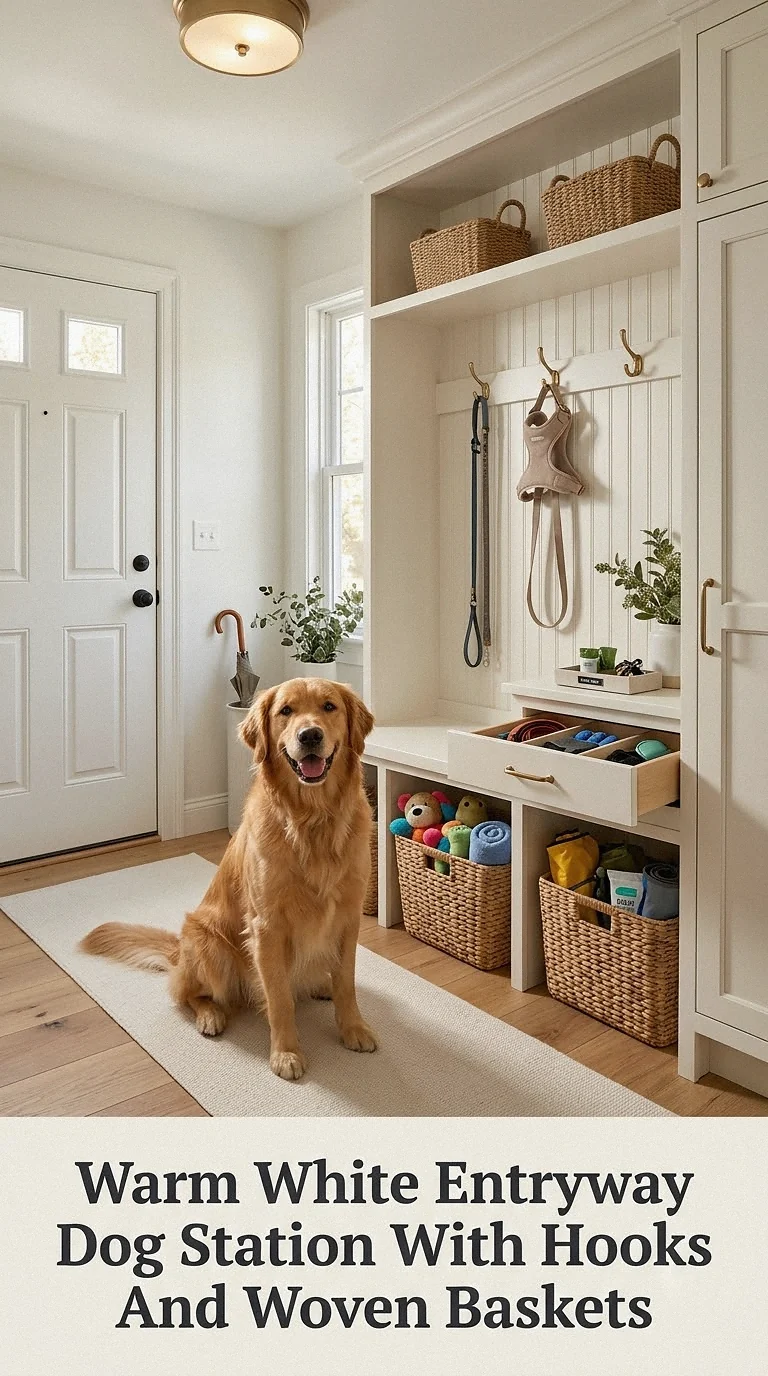 Warm White Entryway Dog Station With Hooks And Woven Baskets
